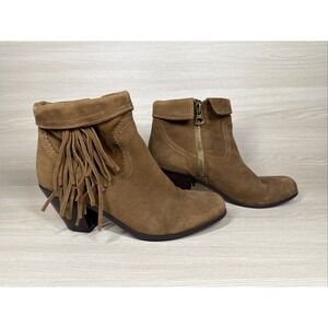 SAM EDELMAN Louie Size 10M‎ Western Fringe Ankle Boot Camel Brown Stacked Heel